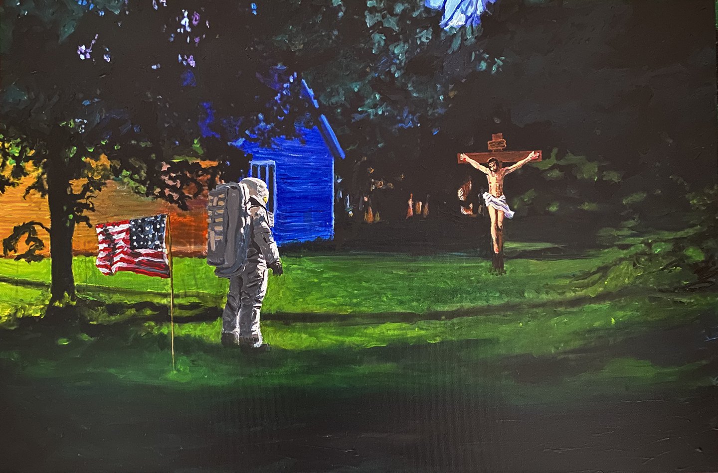 Jordan Sullivan’s art combines dark humor with exploration of America’s complexities through hauntingly beautiful paintings like *Drinking Margaritas at the Mall*.
