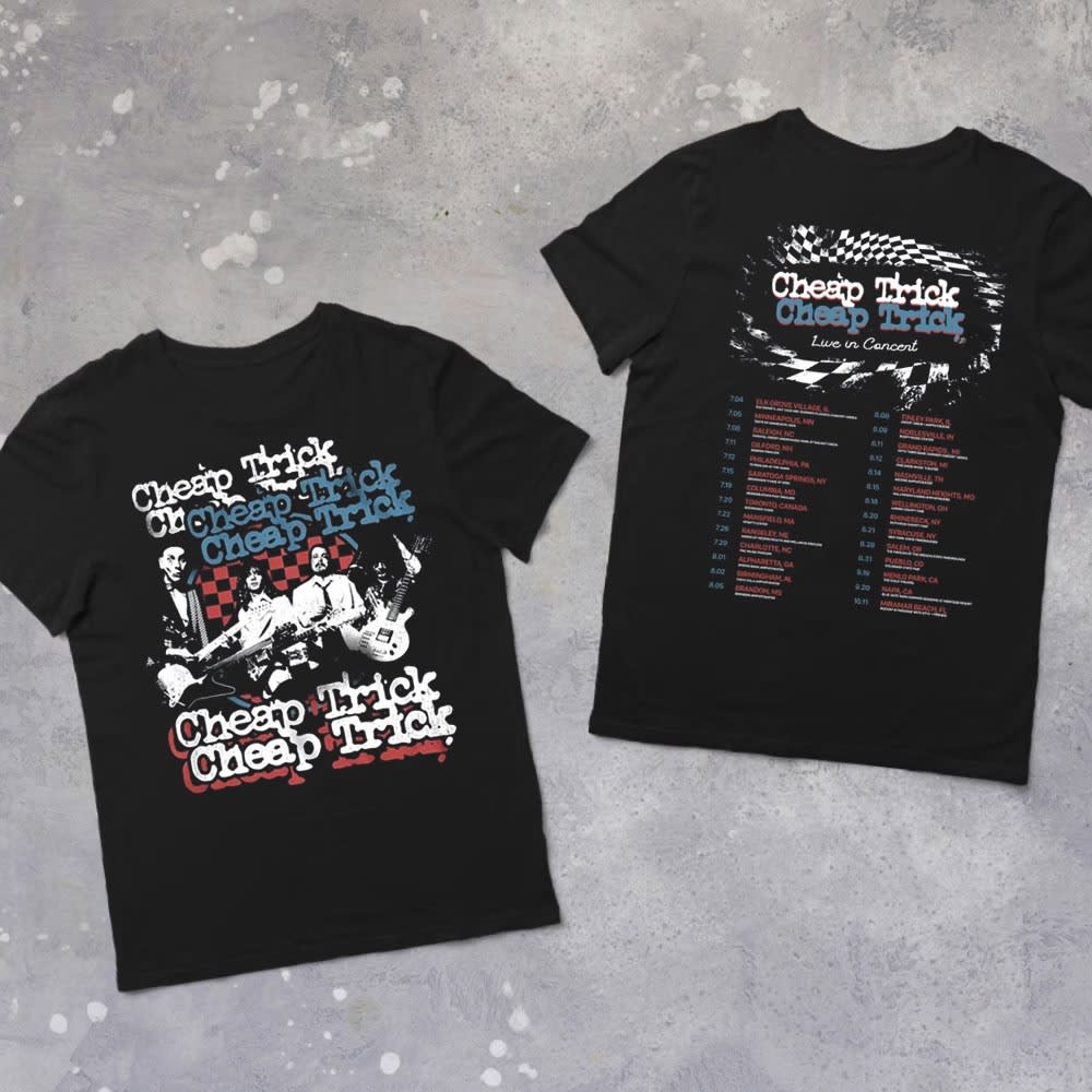 Cheap Trick’s new unisex tee, ‘Live In Concert 2025,’ features rock-inspired designs with tour dates and is available in multiple colors.