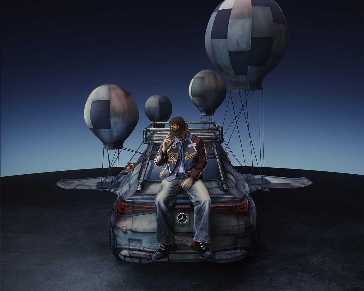KidSuper’s capsule collection features tailored pieces like jackets, shirts, trousers, and a trench coat, along with bags that evoke a classic car vibe, perfect for superheros or mech enthusiasts.