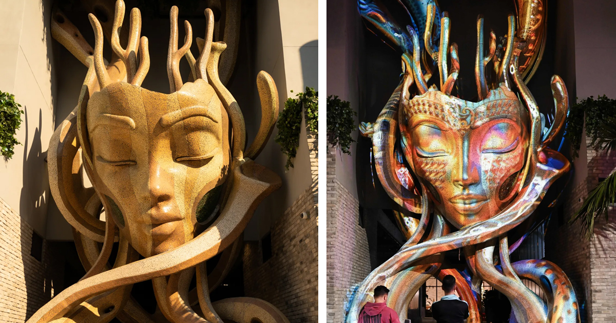Daniel Popper’s ‘LUMEN’ sculpture is an artistic landmark in Miami’s Arts District, featuring projection mapping and daily transformations.